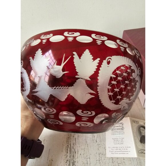 Egermann Red‎ Ruby bowl lazure Bohemian centerpiece deer scene building - Picture 4 of 10